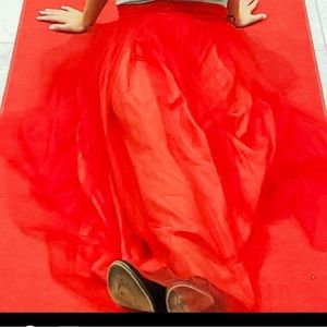 Red Women Tulle Maxi Skirt Skirt with Belt